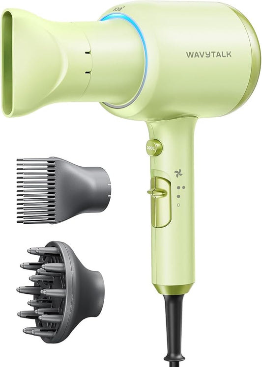Wavytalk Hair Dryer with Diffuser, Blown Away Ionic Hair Dryer for Curly Hair with Comb, 1875W Fast Drying Blow Dryer with Ceramic Technology, 3 Attachments for All Hair Types, Light and Quiet, Green