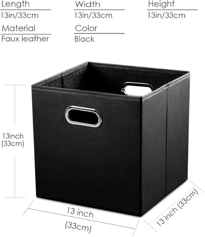 PRANDOM Leather Foldable Cube Storage Bins 13x13 inch [2-Pack] Fabric Storage Baskets Cubes Drawer with Cotton Handles Organizer for Shelves Nursery Closet Bedroom Clothes Black