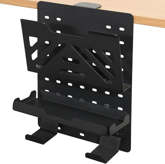 MAXECHO Desk Side Storage Holder, Metal Pegboard, Above or Under Desk Laptop Mount, Table Side Hanging File Organizer, Clamp On Cable Management Tray, Peg Board for Gaming, Office