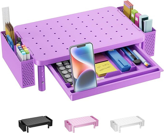 WALI Computer Monitor Stand with Storage, Desk Organizer with Drawer and Pen Holder, Desk Monitor Riser 3 Height Adjustable, Laptop Riser for Laptop, Printer (PTT003-V), 1 Pack, Violet