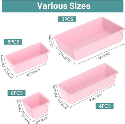 WOWBOX 25 PCS Plastic Drawer Organizer Set, 4 Sizes Desk Drawer Divider Organizers and Storage Bins for Makeup, Jewelry, Gadgets for Kitchen, Bedroom, Bathroom, Office, Pink