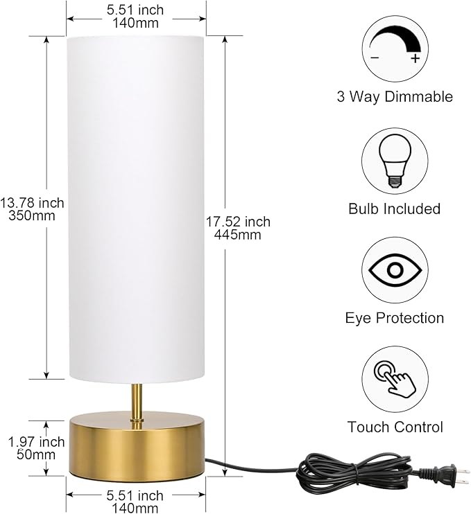 3-Way Dimmable Table Lamp, Touch Control Nightstand Lamp with White Lampshade, Gold Modern Bedside Touch Lamp Simple Side Table Lamp Night Light for Bedroom Living Room Kitchen, LED Bulb Included