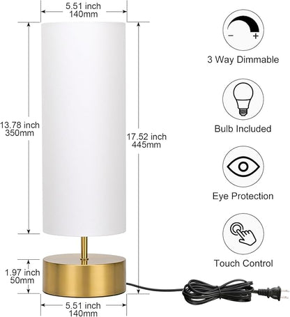 3-Way Dimmable Table Lamp, Touch Control Nightstand Lamp with White Lampshade, Gold Modern Bedside Touch Lamp Simple Side Table Lamp Night Light for Bedroom Living Room Kitchen, LED Bulb Included