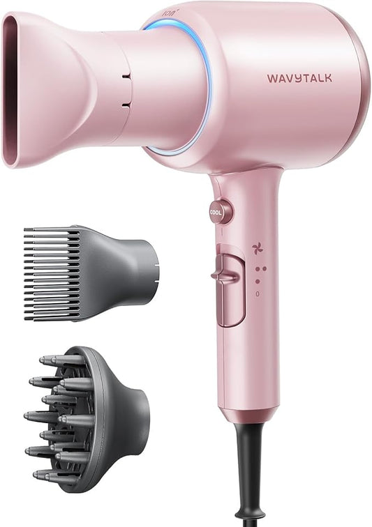 Wavytalk Hair Dryer with Diffuser, Blown Away Ionic Blow Dryer for Curly Hair with Comb, 1875W Fast Drying Hair Dryer with Ceramic Technology, 3 Attachments for All Hair Types, Light and Quiet, Pink