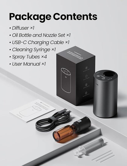 Waterless Essential Oil Diffuser, Rechargeable Scent Diffusers with 3 Mist Levels & Timers, Portable Aromatherapy Diffuser for Home Car Room Studio Office, Iron Grey Metal