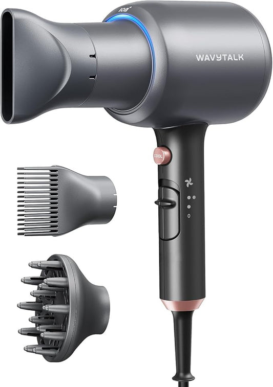 Wavytalk Blow Dryer, Blown Away Ionic Hair Dryer for Curly Hair with Diffuser, 1875W Fast Drying Blow Dryer with Ceramic Technology, 3 Attachments for All Hair Types, Light and Quiet, Grey