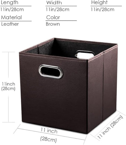 PRANDOM Leather Foldable Cube Storage Bins 11x11 inch [2-Pack] Fabric Storage Baskets Cubes Drawer with Cotton Handles Organizer for Shelves Nursery Closet Bedroom Clothes Brown
