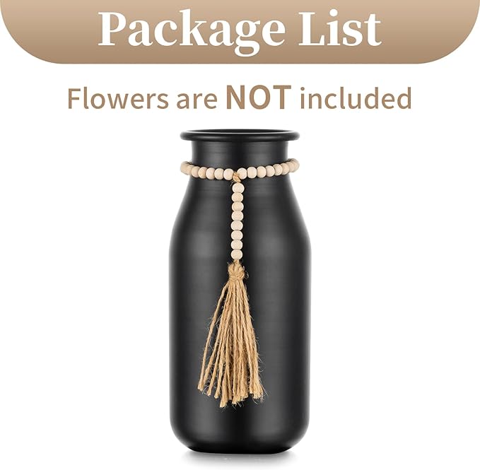 Sziqiqi Black Decorative Flower Vase - 9in Boho Vase with Bead Strings for Pampas Grass Vintage Metal Vases for Table Home Decor Matte Cylinder Vase for Artificial Flowers Rose Twigs
