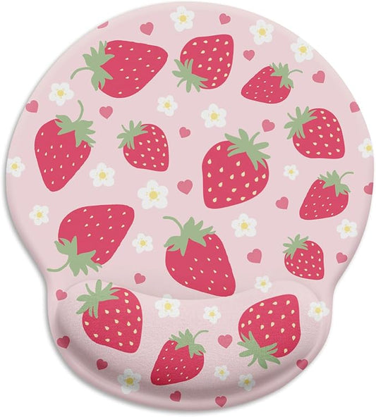 Pink Ergonomic Mouse Pad with Wrist Rest, Gaming Mousepad with Non-Slip Pain Relief PU Base, Cute Pink Strawberry Office Desk Accessories Decor Supplies - Sweet Valentine‘s Day Gift