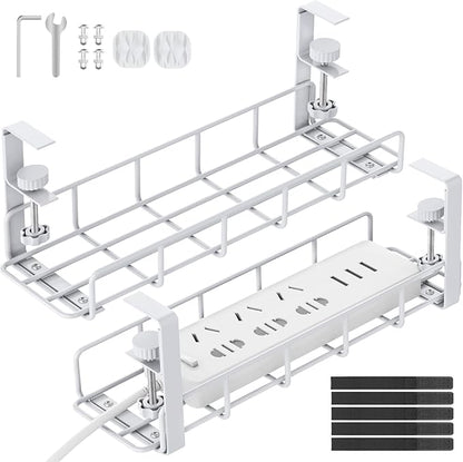 Under Desk Cable Management Tray, 31.5'' No Drill Steel Cable Tray Organizers, Wire Management Tray Cable Rack with Clamp Mount, Metal Under Desk Tray with Wire and Cord Organizer (White, 2 Pack)