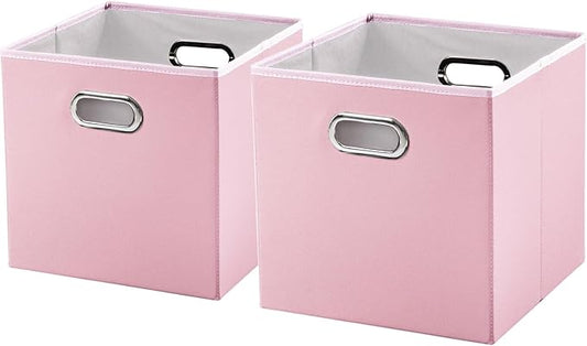 PRANDOM Leather Foldable Cube Storage Bins 11x11 inch [2-Pack] Fabric Storage Baskets Cubes Drawer with Cotton Handles Organizer for Shelves Nursery Closet Bedroom Clothes Pink