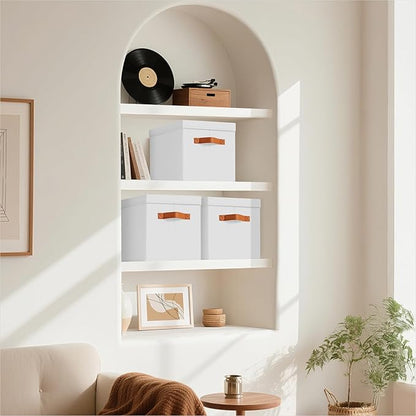 Storage Bins with Lids - Fabric Storage Baskets for Shelves, 4 Pack Foldable Decorative Boxes with Handles, Stackable Organizer Bins for Home, Nursery, Dorm, White