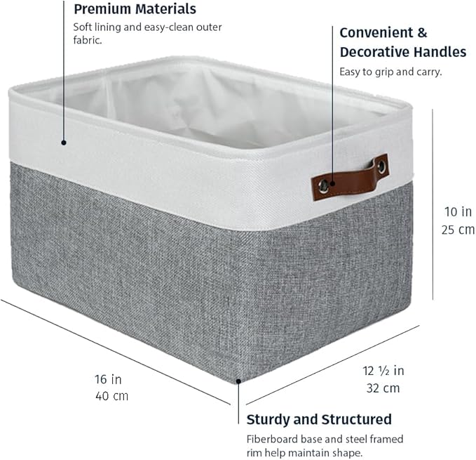OrganiHaus Extra Large Fabric Storage Baskets for Shelves 3 Pack, 16x13in Closet Storage Bins for Shelves, Canvas Baskets for Organizing, Linen Closet Organizers, Cloth Basket, Gray/Off-White