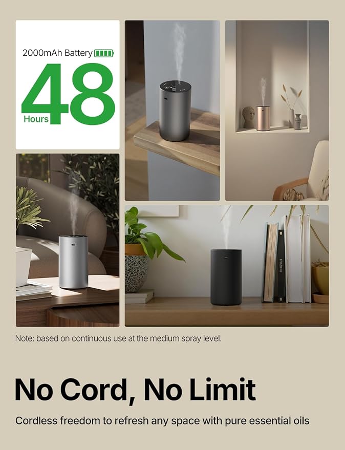 Waterless Essential Oil Diffuser, Rechargeable Scent Diffusers with 3 Mist Levels & Timers, Portable Aromatherapy Diffuser for Home Car Room Studio Office, Black Metal