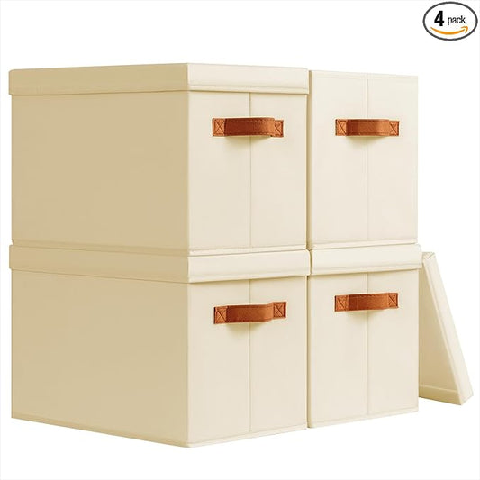 Storage Bins with Lids - Fabric Storage Baskets for Shelves, 4 Pack Foldable Decorative Boxes with Handles, Stackable Organizer Bins for Home, Nursery, Dorm, Beige