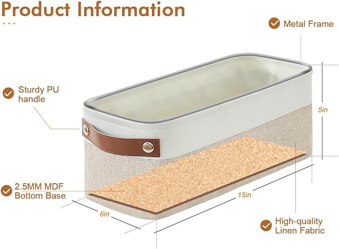 Small Fabric Storage Baskets, 15x6x5 inch Narrow Storage Bins 4-Pack Long Storage Basket for Organizing with Handles, Decorative Basket for Closets, Shelves, Toilet Paper, Beige