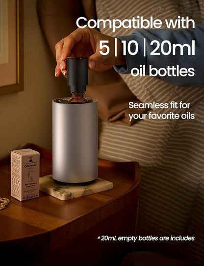 Waterless Essential Oil Diffuser, Rechargeable Scent Diffusers with 3 Mist Levels & Timers, Portable Aromatherapy Diffuser for Home Car Room Studio Office, Silver Metal