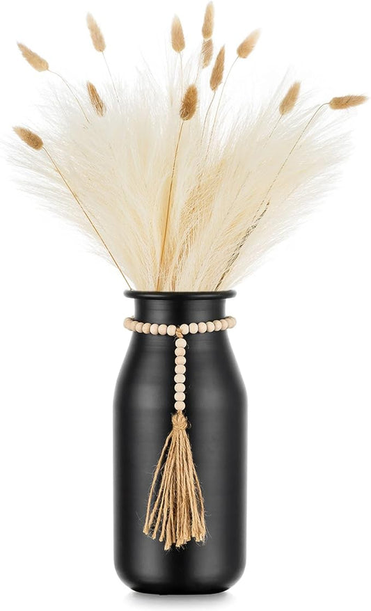Sziqiqi Black Decorative Flower Vase - 9in Boho Vase with Bead Strings for Pampas Grass Vintage Metal Vases for Table Home Decor Matte Cylinder Vase for Artificial Flowers Rose Twigs
