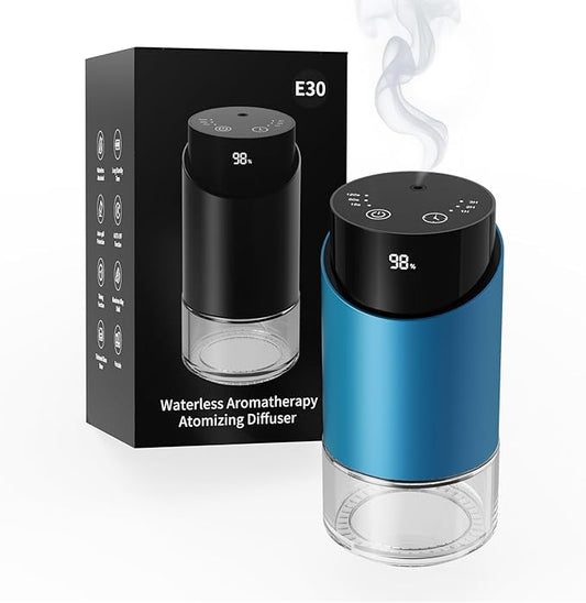 Waterless Essential Oil Diffuser Aromatherapy Scent Diffusers for Home Large Room, Car, Office, Desk, Mini Battery Operated Cordless Air Freshener, 4 Timers & 3 Mist Levels, 100ml Capacity (Blue)