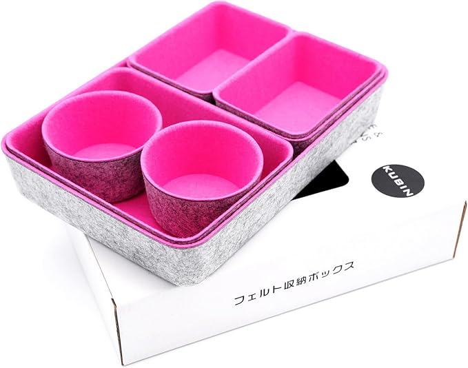Welaxy Drawer organizers bins felt trays desk storage dividers small round organizing box for office supplies closet cabinet makeup holder 7-piece (Hot pink)
