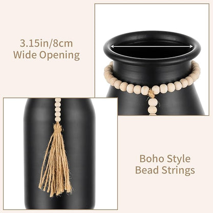 Sziqiqi Black Decorative Flower Vase - 9in Boho Vase with Bead Strings for Pampas Grass Vintage Metal Vases for Table Home Decor Matte Cylinder Vase for Artificial Flowers Rose Twigs