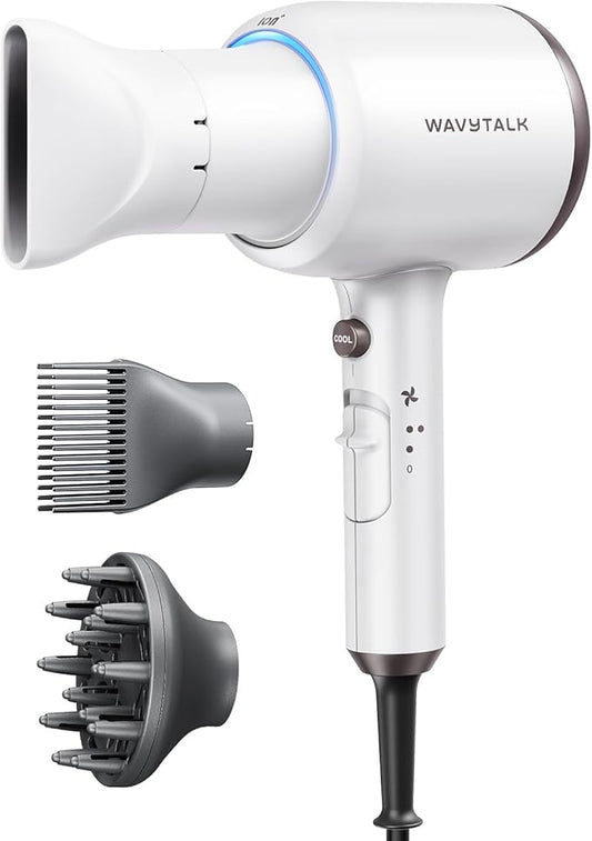 Wavytalk Hair Dryer, Blown Away Ionic Hair Dryer for Curly Hair with Diffuser, 1875W Fast Drying Blow Dryer with Ceramic Technology, 3 Attachments for All Hair Types, Light and Quiet, White