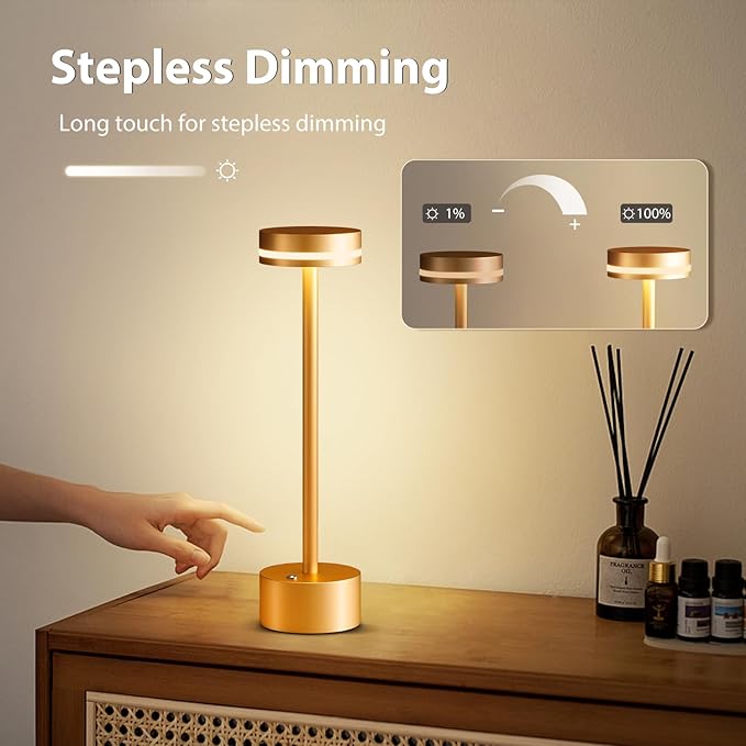 Gold Modern Cordless Table Lamp Rechargeable, Aluminum Touch Lamp & 4000mAh Battery Operated, 3000K LED Table Lamps for Home Decor, Dining, Reading, Desk, Bedroom, Gift