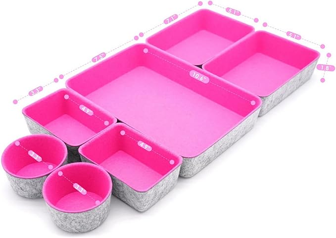 Welaxy Drawer organizers bins felt trays desk storage dividers small round organizing box for office supplies closet cabinet makeup holder 7-piece (Hot pink)