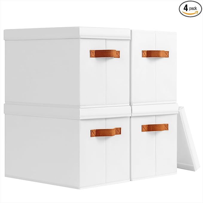 Storage Bins with Lids - Fabric Storage Baskets for Shelves, 4 Pack Foldable Decorative Boxes with Handles, Stackable Organizer Bins for Home, Nursery, Dorm, White