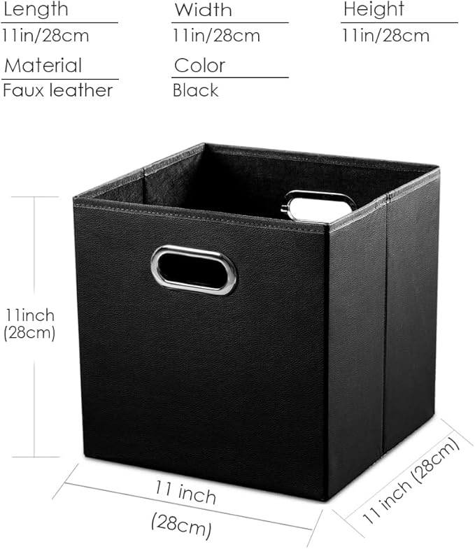 PRANDOM Leather Foldable Cube Storage Bins 11x11 inch [2-Pack] Fabric Storage Baskets Cubes Drawer with Cotton Handles Organizer for Shelves Nursery Closet Bedroom Clothes Black