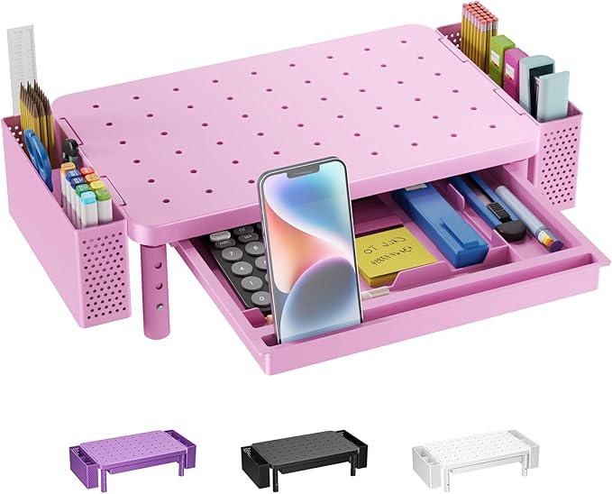 WALI Computer Monitor Stand with Storage, Desk Organizer with Drawer and Pen Holder, Desk Monitor Riser 3 Height Adjustable, Laptop Riser for Computer, Laptop, Printer (PTT003-P), 1 Pack, Pink