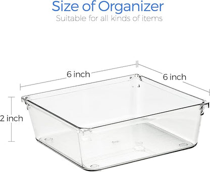 Ravinte 6 Pack Drawer Organizer - 6" X 6" Plastic Storage Bins, Acrylic Organizers with Non-Slip Pads Clear Desk Storage Tray for Makeup, Jewelries, Kitchen Utensils, Bathroom and Office
