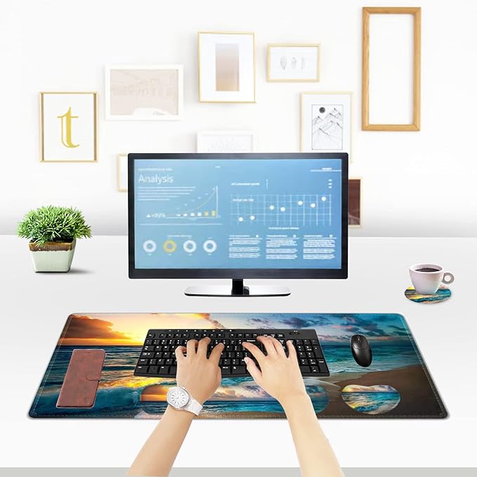 ToLuLu Extended Gaming Mouse Pad, Memory Foam Ergonomic Keyboard Mouse Wrist Rest Support Set, Large Desk Mat with Stitched Edges, Non-Slip Base Mousepad for Home Office Game and Study, Sunset