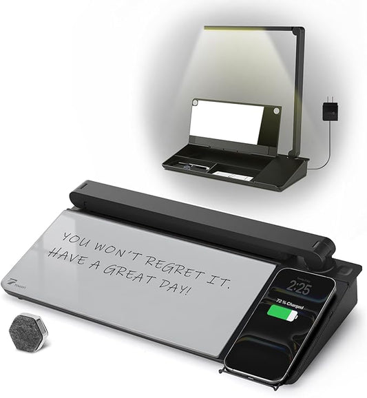 TOWON LED Desk Lamp with Charging Pad and Dry Erase Whiteboard - Adjustable 2 Level Light Touch Lamp, Eye-Caring Foldable Table Lamp with White Board Storage College Dorm Room Essentials, Black