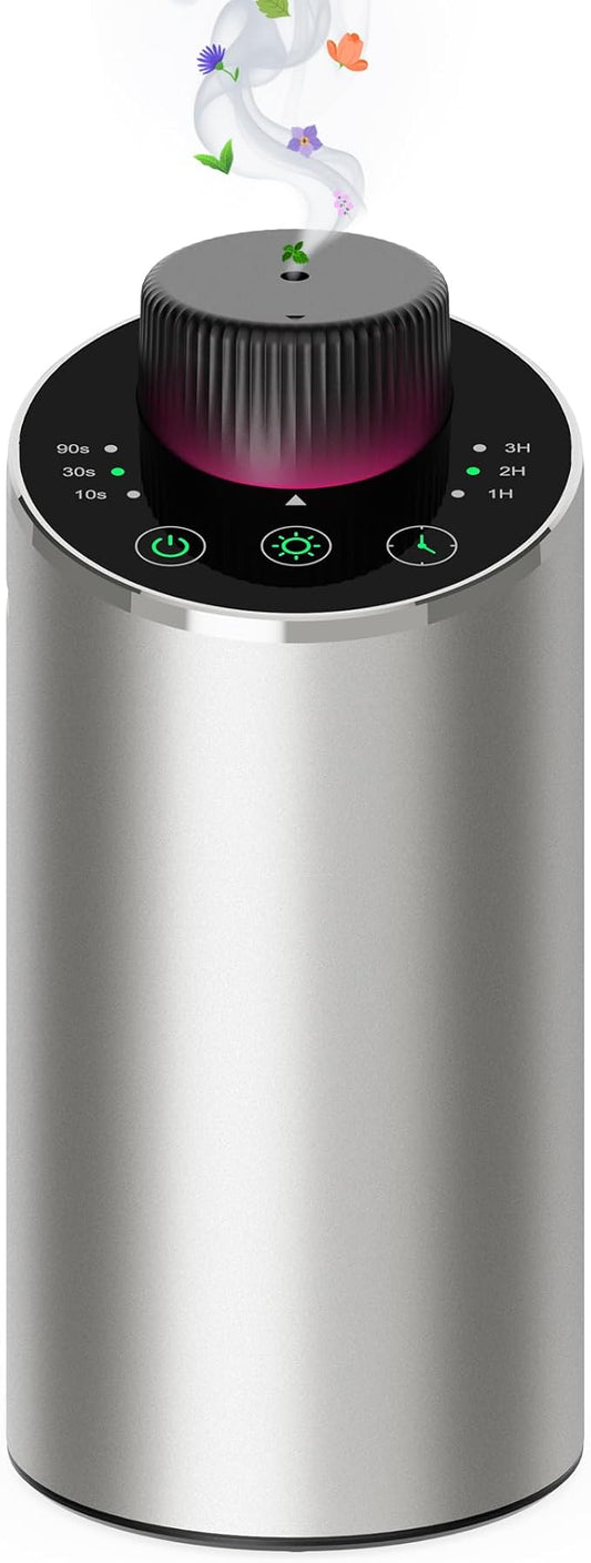 Waterless Essential Oil Diffuser Scent Aromatherapy Diffusers for Home Large Room, Car, Office, Portable Battery Operated Cordless Air Freshener, 4 Timers & 3 Mist Levels, 100ml Capacity (Silver)