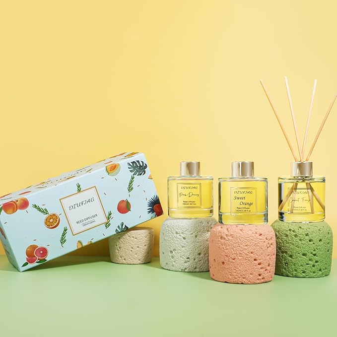 200ml Scent Diffuser with 6 Fiber Sticks, 6.76 oz Reed Diffuser Set Aromatherapy Fragrance Diffusers Air Fresheners for Home Bedroom Bathroom (Coconut Orange)