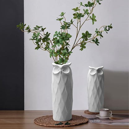 Owl Ceramic Vase Set of 2 for Living Room Bedroom 9.45'' and 8.27'' Modern White Fake Flower Plant Vases for Home Decor Office Table Shelf Fireplace Retro Rustic Farmhouse Vintage Classic Gift