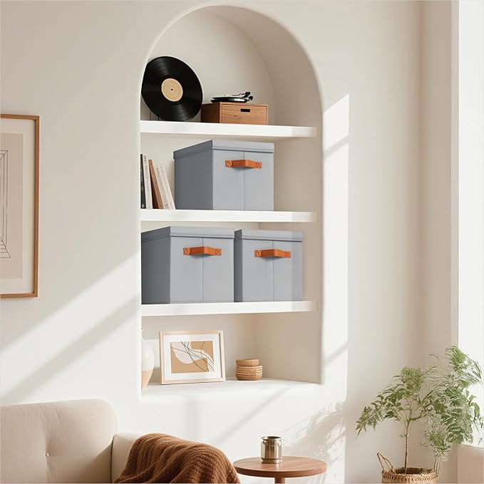 Storage Bins with Lids - Fabric Storage Baskets for Shelves, 4 Pack Foldable Decorative Boxes with Handles, Stackable Organizer Bins for Home, Nursery, Dorm, Grey