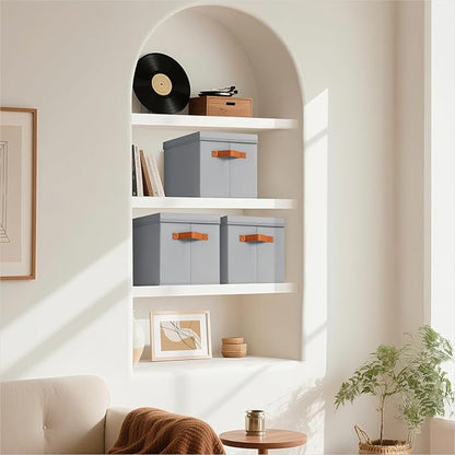 Storage Bins with Lids - Fabric Storage Baskets for Shelves, 4 Pack Foldable Decorative Boxes with Handles, Stackable Organizer Bins for Home, Nursery, Dorm, Grey