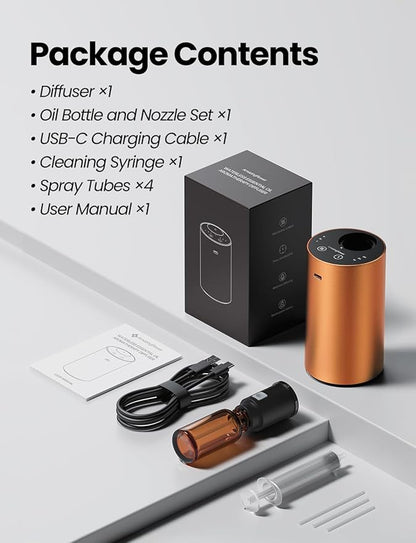 Waterless Essential Oil Diffuser, Rechargeable Scent Diffusers with 3 Mist Levels & Timers, Portable Aromatherapy Diffuser for Home Car Room Studio Office, Cosmic Orange