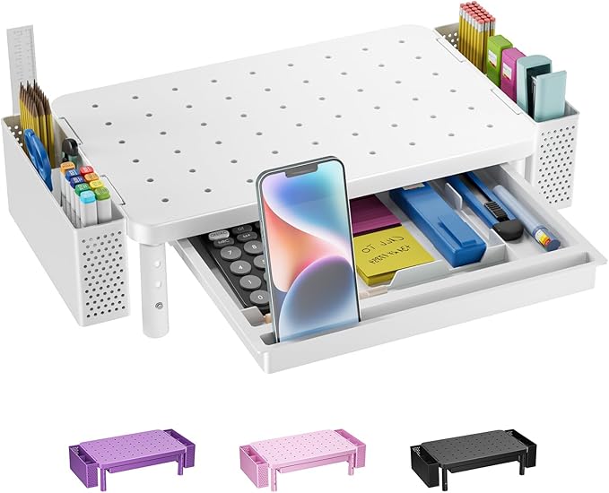 WALI Computer Monitor Stand with Storage, Desk Organizer with Drawer and Pen Holder, Desk Monitor Riser 3 Height Adjustable, Laptop Riser for Computer, Laptop, Printer(PTT003-W), 1 Pack, White