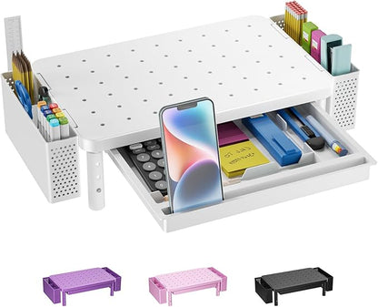WALI Computer Monitor Stand with Storage, Desk Organizer with Drawer and Pen Holder, Desk Monitor Riser 3 Height Adjustable, Laptop Riser for Computer, Laptop, Printer(PTT003-W), 1 Pack, White