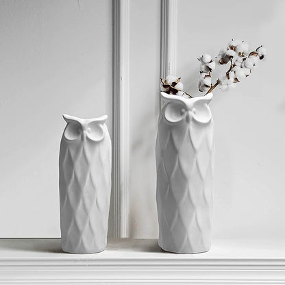 Owl Ceramic Vase Set of 2 for Living Room Bedroom 9.45'' and 8.27'' Modern White Fake Flower Plant Vases for Home Decor Office Table Shelf Fireplace Retro Rustic Farmhouse Vintage Classic Gift