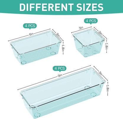 WOWBOX 12 Pack Clear Drawer Organizer Set, Acrylic Drawer Storage Trays, Storage Bins for Makeup, Cosmetics, Jewelries, Utensils, Gadgets, Office, Sea Blue