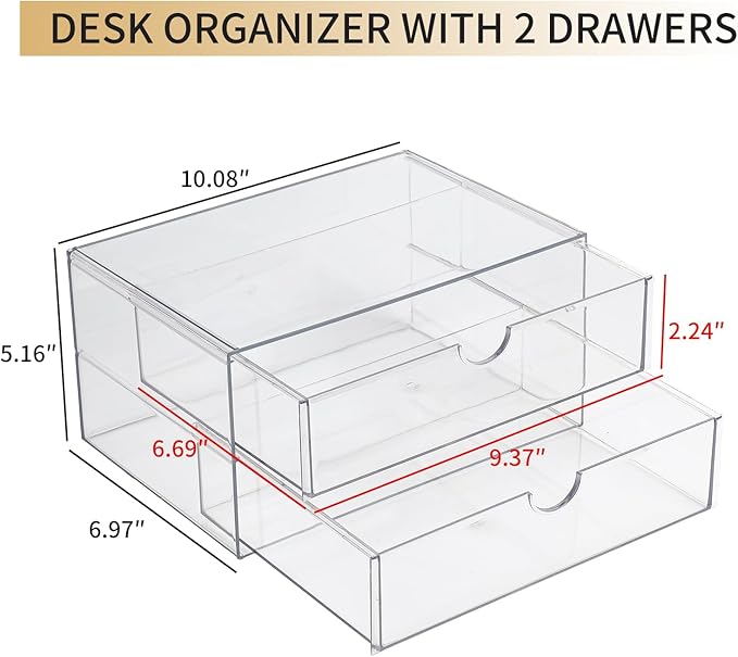 Clear Desk Organizers and Accessories, Plastic Drawer Organizer for Home Office Supplies, Marker Pen, Notebooks, Art Crafts, Stackable Makeup Storage Box for Bathroom Vanity (4 Drawers)