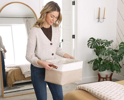 OrganiHaus Large Fabric Storage Baskets for Shelves 3 Pack, 15x11in Closet Storage Bins for Shelves, Canvas Baskets for Organizing, Linen Closet Organizers, Cloth Basket, Beige/Off-White