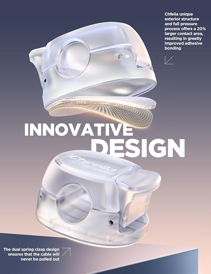 Cable Clips, Chfeila 6Pack Dual Spring Cord Organizer with Clasp Lock, [Max Stability] Desk Cable Management, Adhesive Phone Charging Wire Holder for Nightstand/Car/Wall, Office Accessories Decor