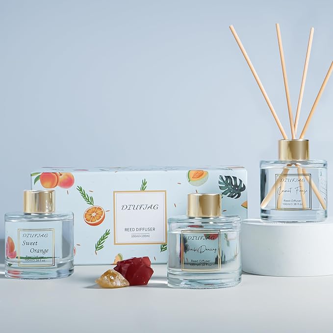 200ml Scent Diffuser with 6 Fiber Sticks, 6.76 oz Reed Diffuser Set Aromatherapy Fragrance Diffusers Air Fresheners for Home Bedroom Bathroom (Coconut Orange)