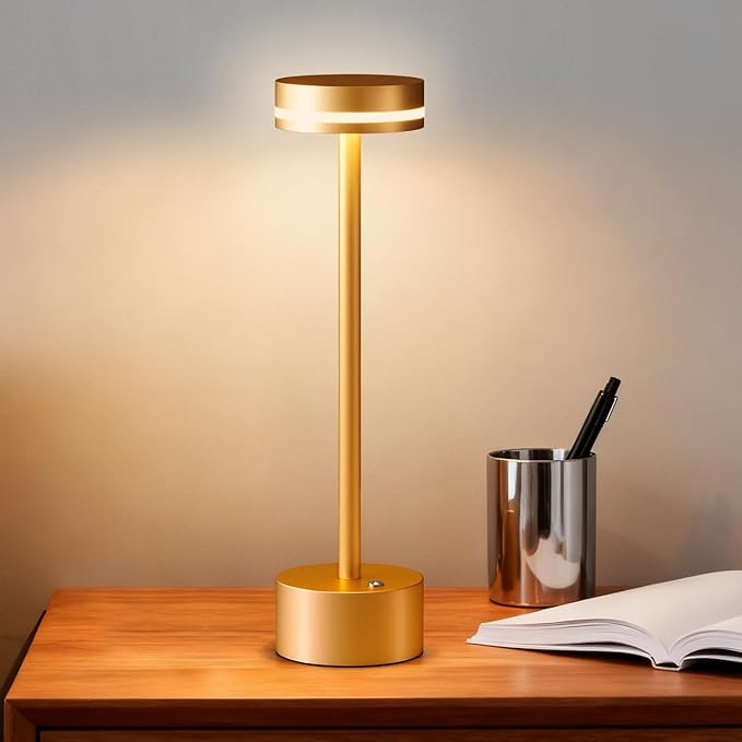 Gold Modern Cordless Table Lamp Rechargeable, Aluminum Touch Lamp & 4000mAh Battery Operated, 3000K LED Table Lamps for Home Decor, Dining, Reading, Desk, Bedroom, Gift