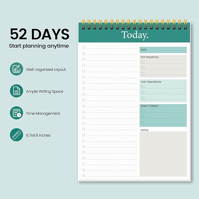 KMQOY To Do List Notepad - 4 Pack Daily Planner Pad Undated 52 Sheets Spiral Today Planner Note Pad Premium Thick Paper 6.5" x 9.8" For Work and Personal Organized-Green